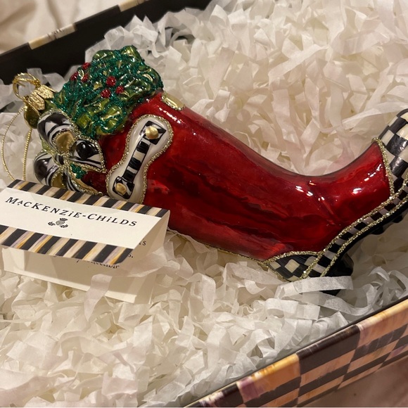 Mackenzie-Childs Christmas Wellie Glass Ornament, New In Box Handblown with Tags - Picture 13 of 15